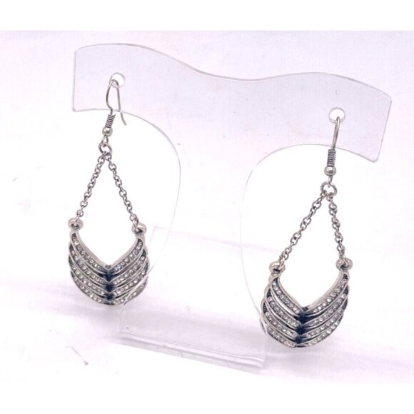 Rhinestone Art Deco Feather Dangle Drop Earrings Silver Tone Hook Closure - Picture 1 of 4